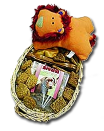 Dog Gift Basket with plush toy and tasty doggie treats